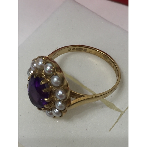 140 - 9ct Gold Amethyst And Pearl Ring Size M