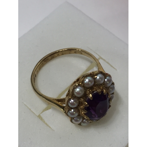 140 - 9ct Gold Amethyst And Pearl Ring Size M