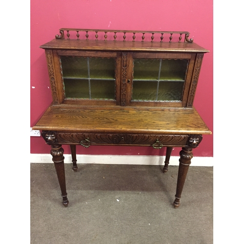 7 - French Desk With Carved Wood Lion Decoration. 121 High X 101 X 49 Cms