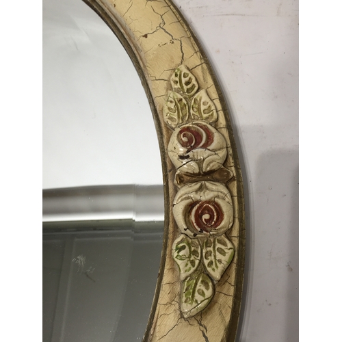 78 - Oval wooden framed painted mirror with floral decoration 62x51cms