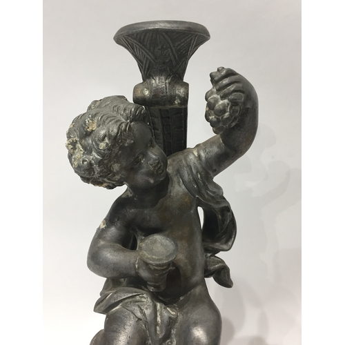 127 - Spelter Cherub Sat On Column 36 cms High