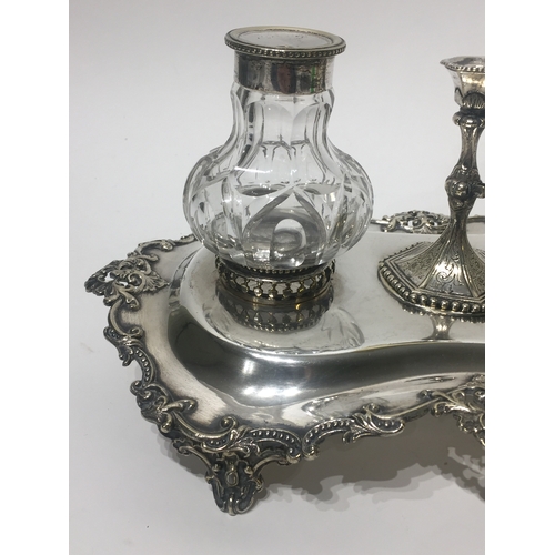 101 - Good Quality Victorian Silver Plate Twin Inkwell Stand 32 x 15 cms