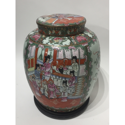 113 - Large Famille Verte Rice Jar With Lid And Stamp To Base On Wood Stand.34 cms High