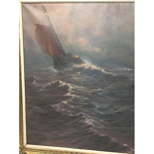 97 - Oil On Canvas  Sail Boat On Stormy Seas , Signed Bottom Right 107 x 108 cms