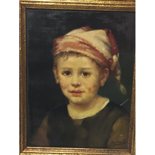 71 - Gilt Framed Oil On Canvas Of A Young Boy Signed Bottom Right 42 X 33 cms