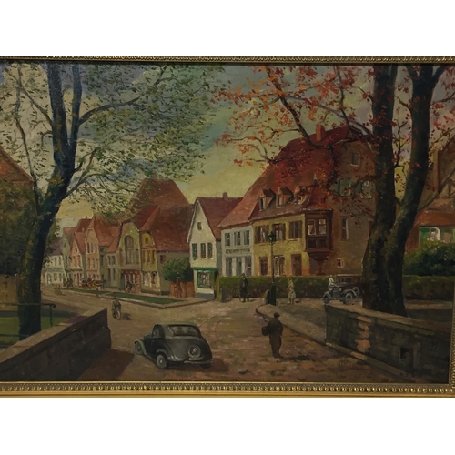 73 - Gilt Framed Oil On Canvas Of A European Village Scene Signed Bottom Right 80 x 60 cms