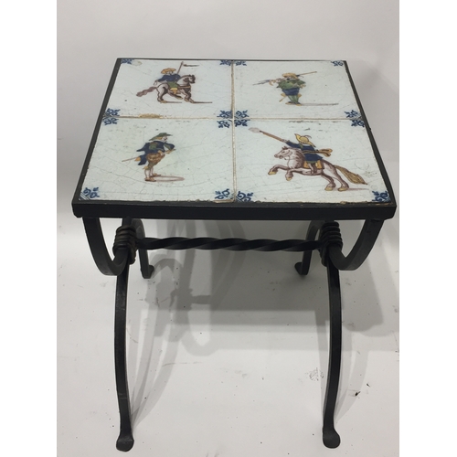 63 - Metal Tiled Top Table With Four Early Tile Inserts 38 x 28 x 28 cms