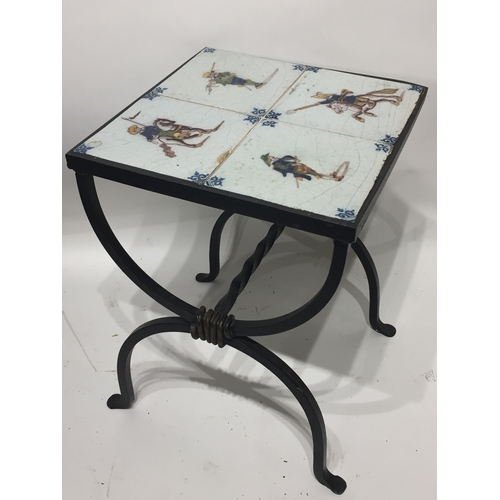 63 - Metal Tiled Top Table With Four Early Tile Inserts 38 x 28 x 28 cms