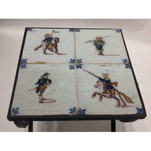 63 - Metal Tiled Top Table With Four Early Tile Inserts 38 x 28 x 28 cms