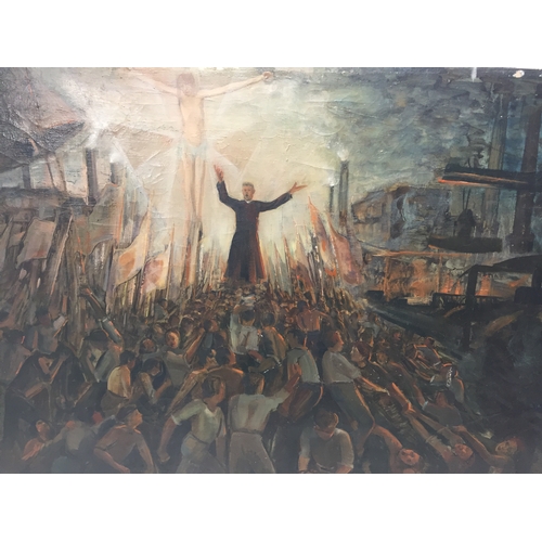 81 - Mid Century Religious Oil On Canvas Of A Preacher And The Hoards .Signed Louis Van Remortel . Damage... 