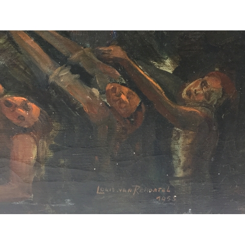 81 - Mid Century Religious Oil On Canvas Of A Preacher And The Hoards .Signed Louis Van Remortel . Damage... 