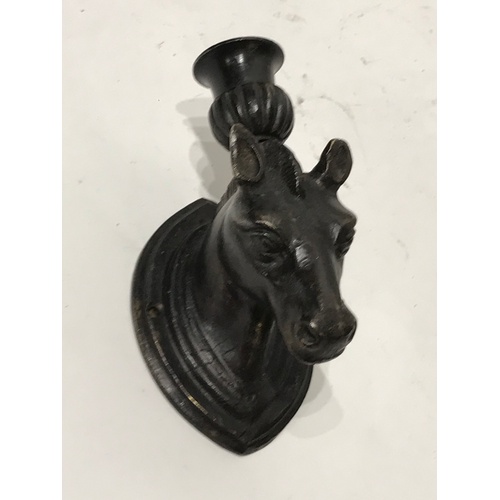 182 - Antique Solid Bronze Horse Head Candlestick 13 cms