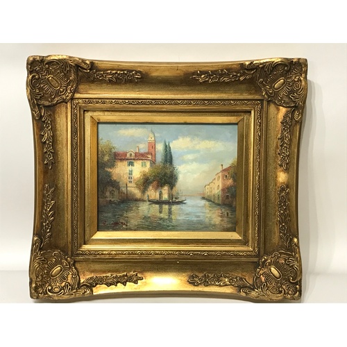 147 - Gilt Framed And Glazed Oil On Board Venetian Gondola On The River.45 X 40 cms Signed Bottom Left