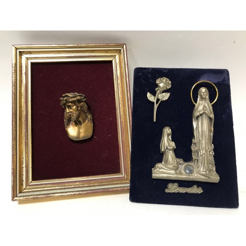 148 - Framed Metal Head Of Jesus Along With A Mounted Religious Scene. (2)