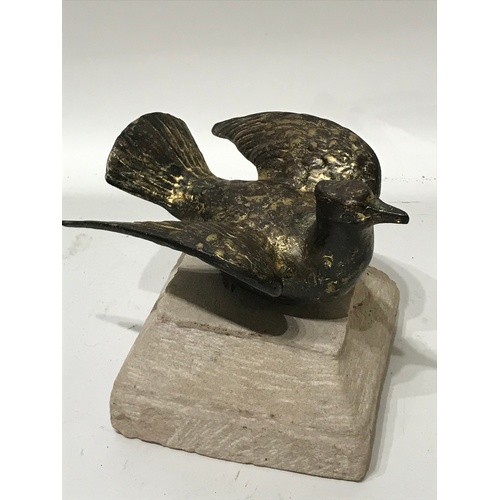 168 - Antique Bronze Bird Mounted On A Stone Plinth With Remnants  Of Gilt Paint. 18 x 17 cms