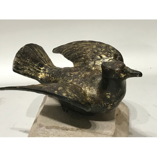 168 - Antique Bronze Bird Mounted On A Stone Plinth With Remnants  Of Gilt Paint. 18 x 17 cms