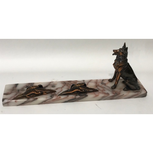 103 - Marble Base Art Decco Desk Tidy With Dog Decoration. 32 cms