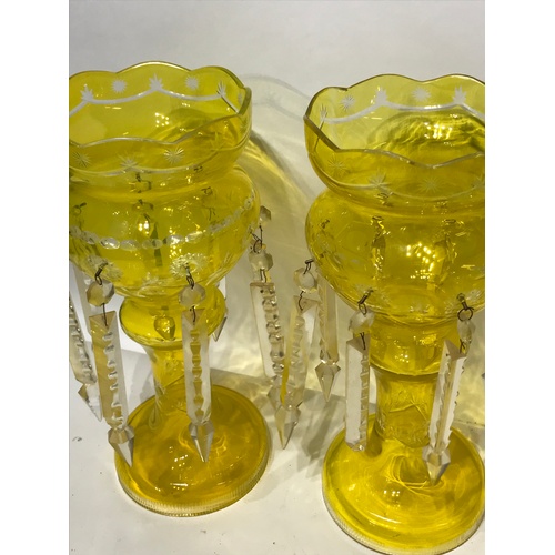 179 - Pair Of Large Uranium Yellow Lustre's  And Drops 36 cms High