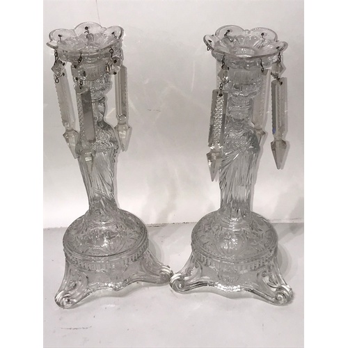 197 - Pair Of Glass Religious Interest Candlesticks With Droplets 30 cms High