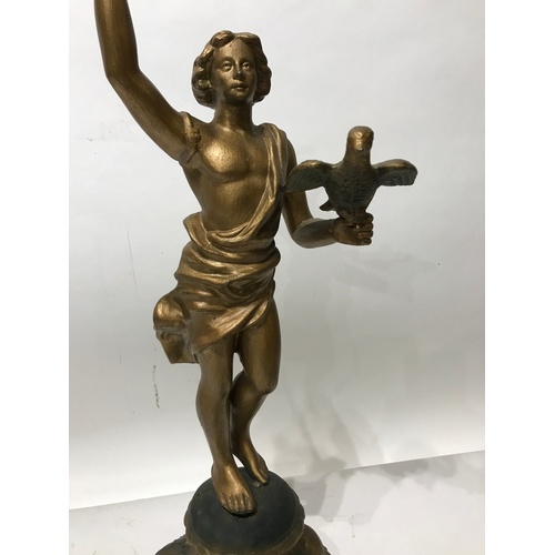 345 - Painted Spelter  Figure Of A Lady Holding A Bird . 46 cms High