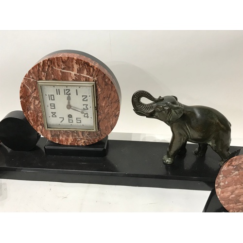 355 - Art Deco Marble Mantle Clock With Garnitures And Bronze Elephant Decoration . Base Measures 66 cms