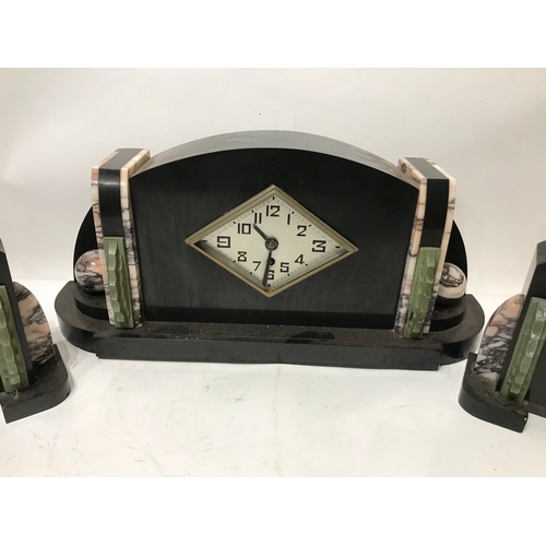 356 - Art Deco Marble Mantle Clock With Garnitures , Clock Measures 54 cms