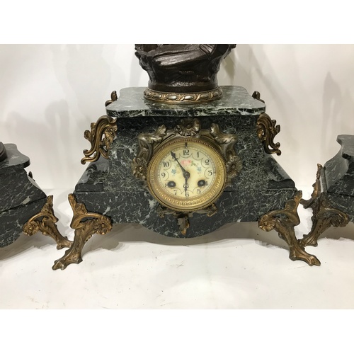 357 - Good Quality Marble And Spelter Mantle Clock And Garniture Set With Pendulum . Clock Stands 67 cms H... 