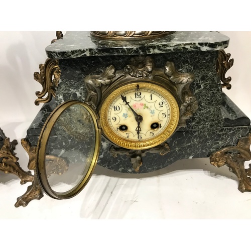 357 - Good Quality Marble And Spelter Mantle Clock And Garniture Set With Pendulum . Clock Stands 67 cms H... 