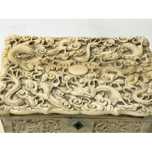 368 - Heavily Carved Antique Ivory Trinket Box. 15 x 10 x 7.5 cms