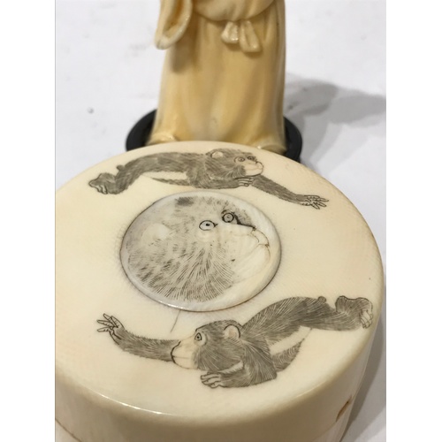 369 - Antique Ivory Monkey Decorated Pill Box 7 cms Diameter Along With A Oriental Figure.(2)