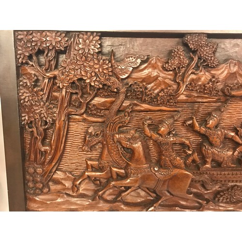 436 - Heavily Carved Wood Oriental Relief 101 x 53 cms