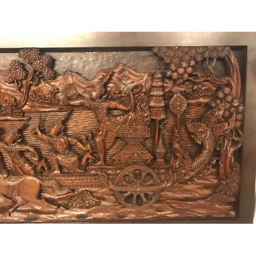 436 - Heavily Carved Wood Oriental Relief 101 x 53 cms