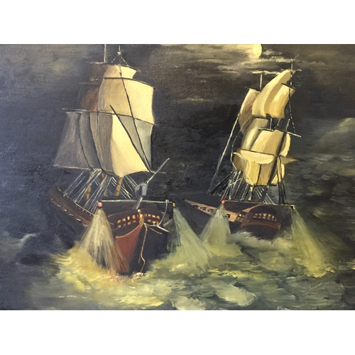 96 - Two Tall / Sail  Ships In A Storm Oil On Board . Signed Adele 1975 Bottom Right 57cm x 67cm