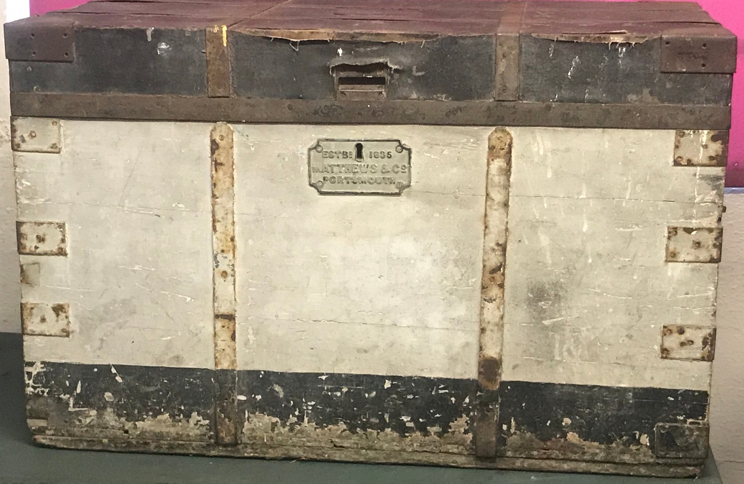 Rare 19th century Royal Navy Ships Carpenter Trunk Complete With Internal  Box And Drawers. Measurin