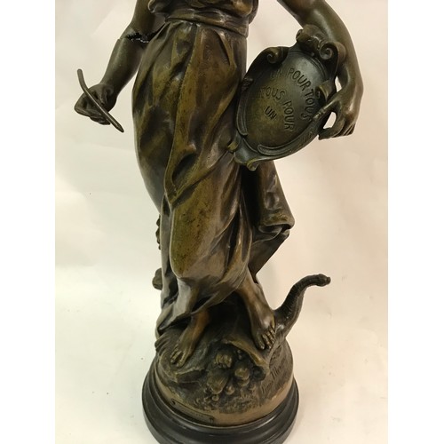 111 - large Spelter Figure Of A Angel On Base Standing 62 cms High. One Arm Damaged.