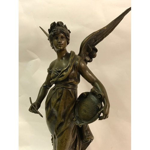 111 - large Spelter Figure Of A Angel On Base Standing 62 cms High. One Arm Damaged.