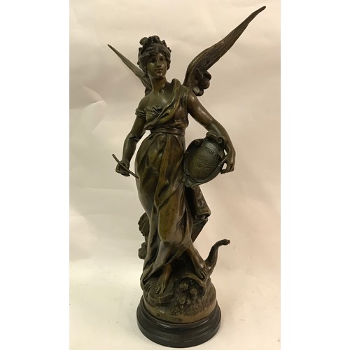 111 - large Spelter Figure Of A Angel On Base Standing 62 cms High. One Arm Damaged.