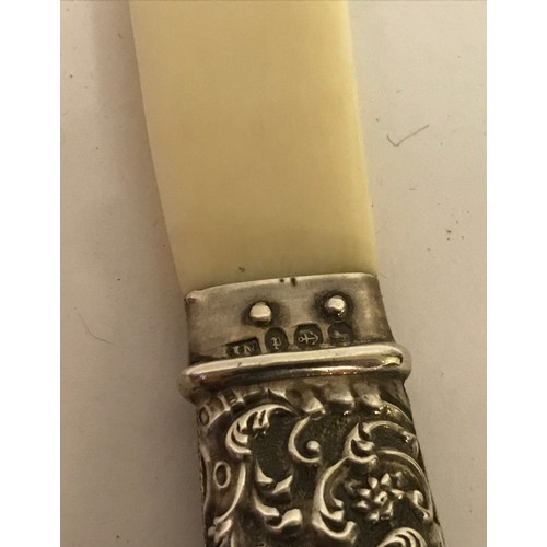 116 - Vintage Silver Hallmarked Handle  Page Turner In The Form Of A Knife With Ivory Blade.