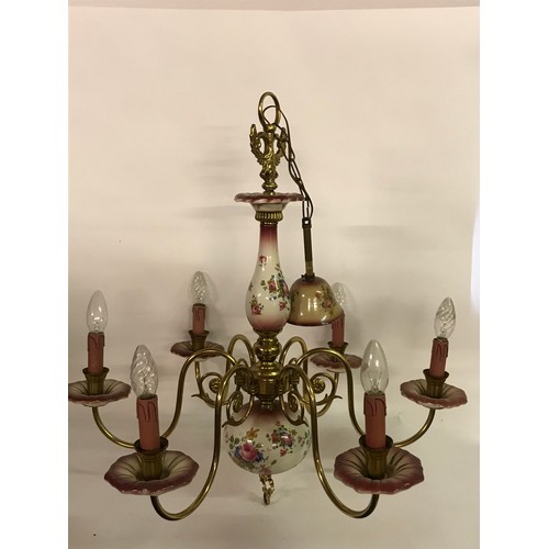 25 - Vintage Ceramic And Brass 6 Branch Chandelier