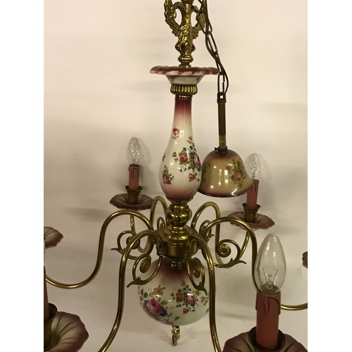 25 - Vintage Ceramic And Brass 6 Branch Chandelier