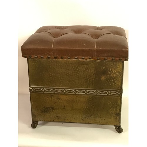 138 - Antique Brass And Leather Topped Coal Bin / Box Seat On Casters 43 x 33 x 42 cms