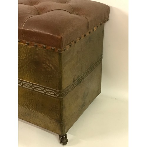 138 - Antique Brass And Leather Topped Coal Bin / Box Seat On Casters 43 x 33 x 42 cms