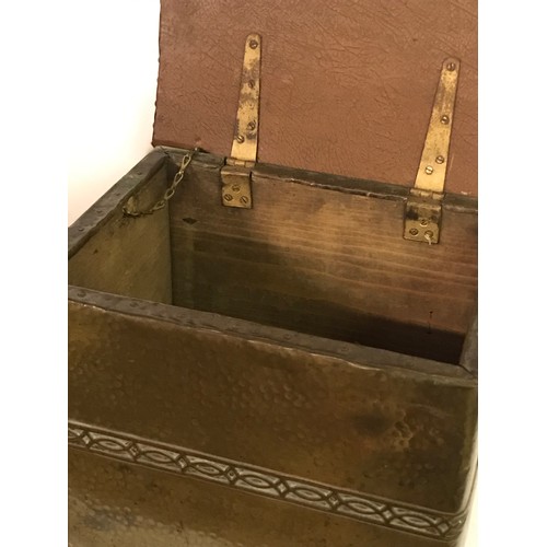 138 - Antique Brass And Leather Topped Coal Bin / Box Seat On Casters 43 x 33 x 42 cms