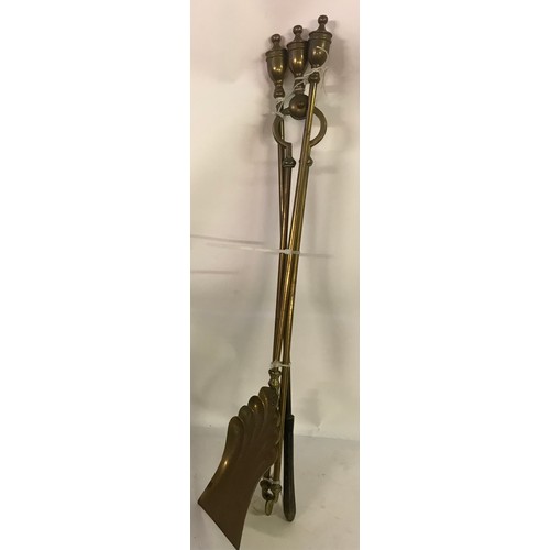 144 - Vintage Brass Fire Side Irons To Include Poker Shovel And Tongs 69 cms Long