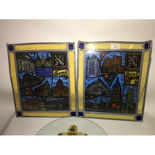 154 - Two Vintage European Stained Glass And Lead Panels 44 x 37 cms Along With A Crested Glass Wall Hange... 