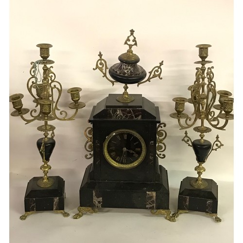 161 - Antique Slate And Marble Clock Garniture Set  Standing  54 cms High,  Candle stick Garnitures Needs ... 