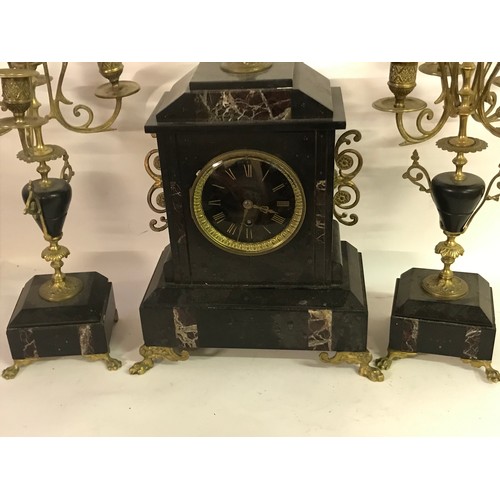 161 - Antique Slate And Marble Clock Garniture Set  Standing  54 cms High,  Candle stick Garnitures Needs ... 