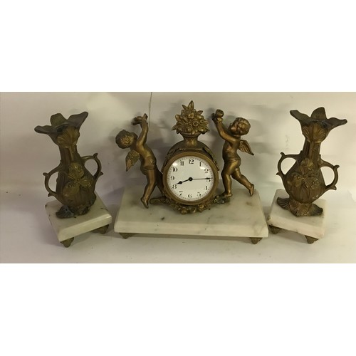 163 - Antique Clock Garniture Set With Gilt Cherub Decoration Needs Attention.