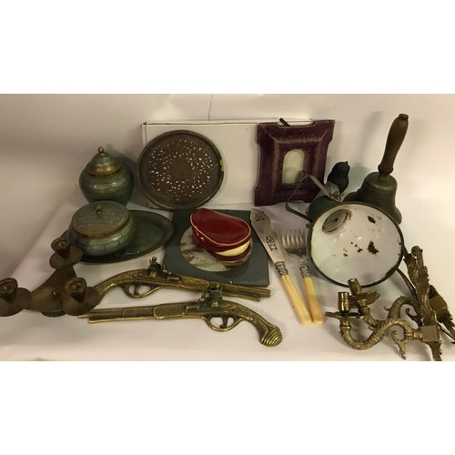 168 - Box Of Various Collectable Items To Include A Pair Of Brass Wall Hanging Pistols, Brass Wall Sconces... 