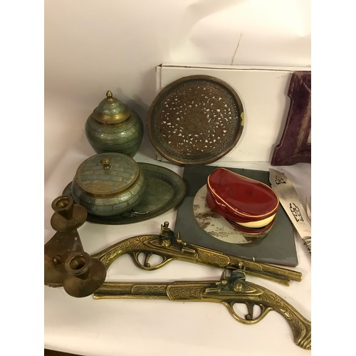 168 - Box Of Various Collectable Items To Include A Pair Of Brass Wall Hanging Pistols, Brass Wall Sconces... 